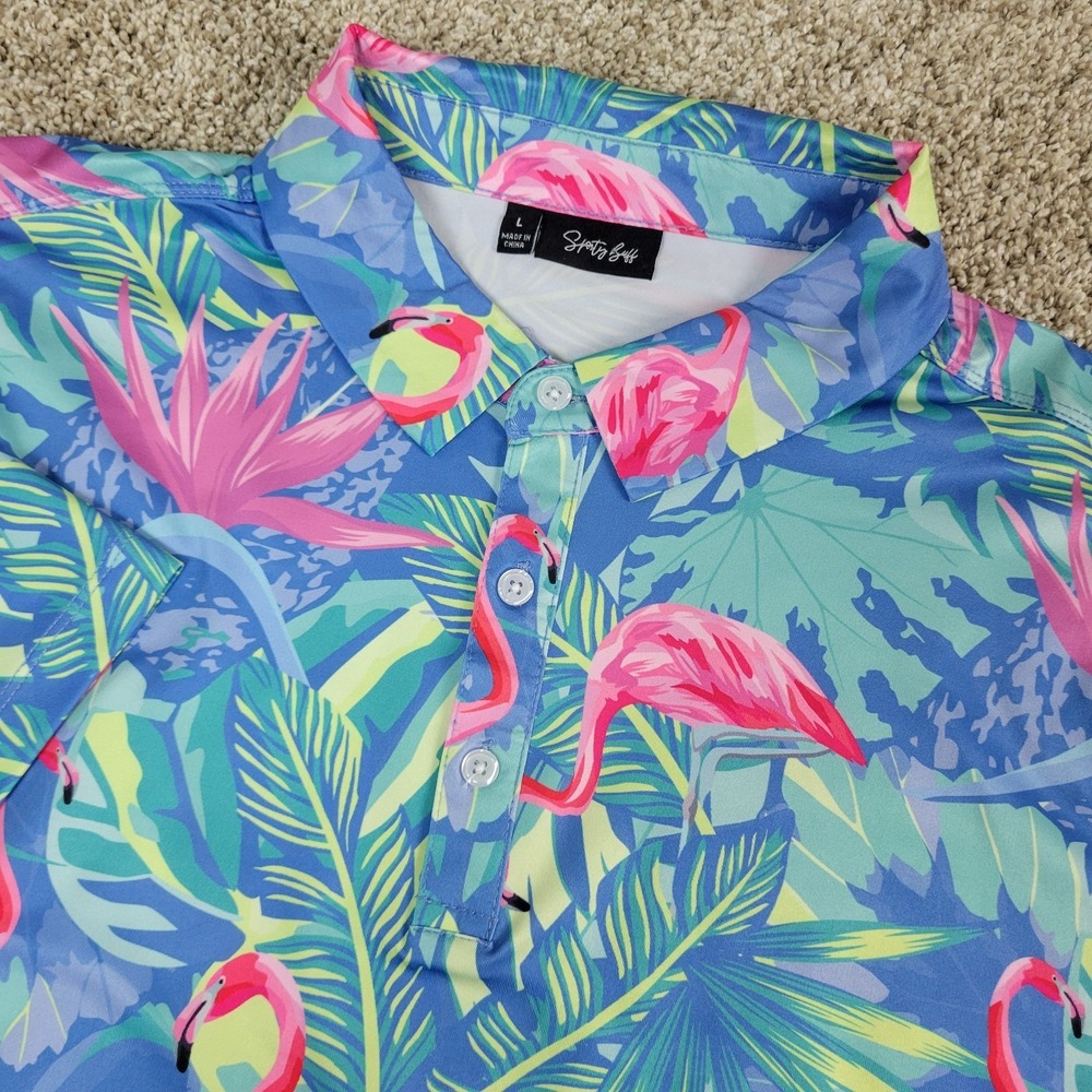 Sporty Buff Mens Large Blue AOP Floral Flamingo Performance Stretch Golf Polo SS